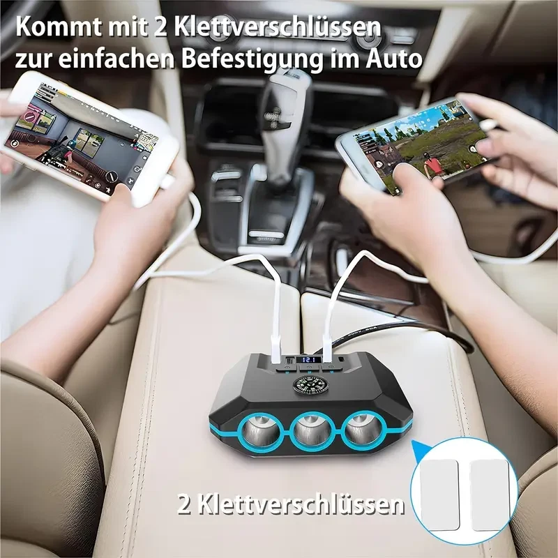 120W 7-in-1 Car Charger with LED Display - Splitter Adapter, 3 AC Outlets & 4 US - Image 3 of 4