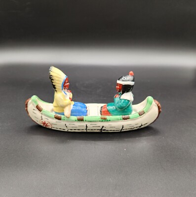 VTG Native Americans Canoe Salt Pepper Shaker Set JAPAN Ceramic Chief Lady RARE