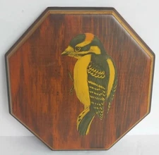 Vintage Downy Woodpecker Wall Plaque Dark Wooden Octagon Bird Picture 