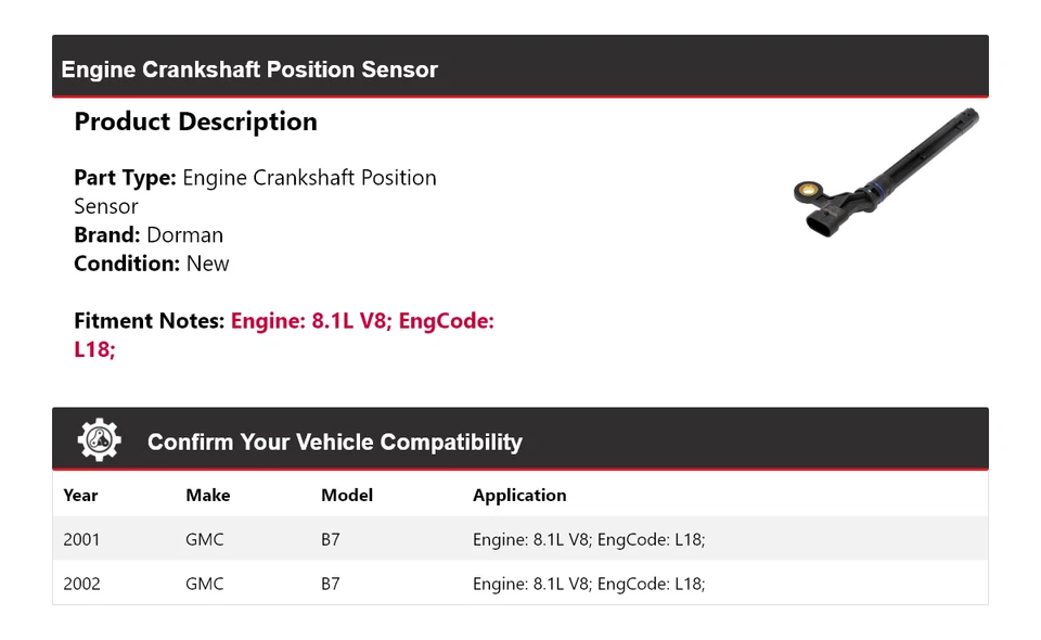 Sensor de posición del cigüeñal del motor Dorman 8,1 L GMC B7 2001-2002 Foto 2 de 4