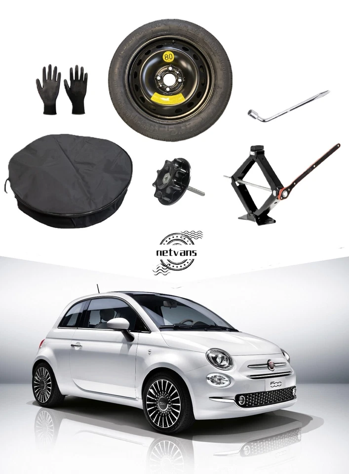 NETVANS Roue de secours Galette 15'' pour FIAT 500-500E avec Cric Clé Vis Gants e Housse
