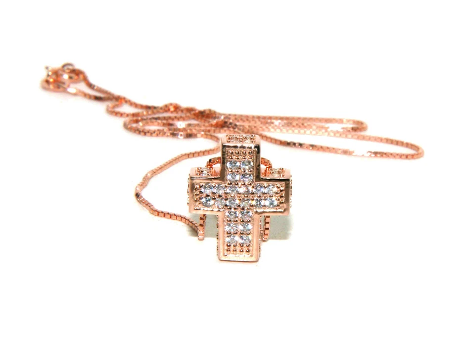 collana croce argento 925 massiccio scatolata 3D pave' zirconi collier ciondolo - Immagine 4 di 4