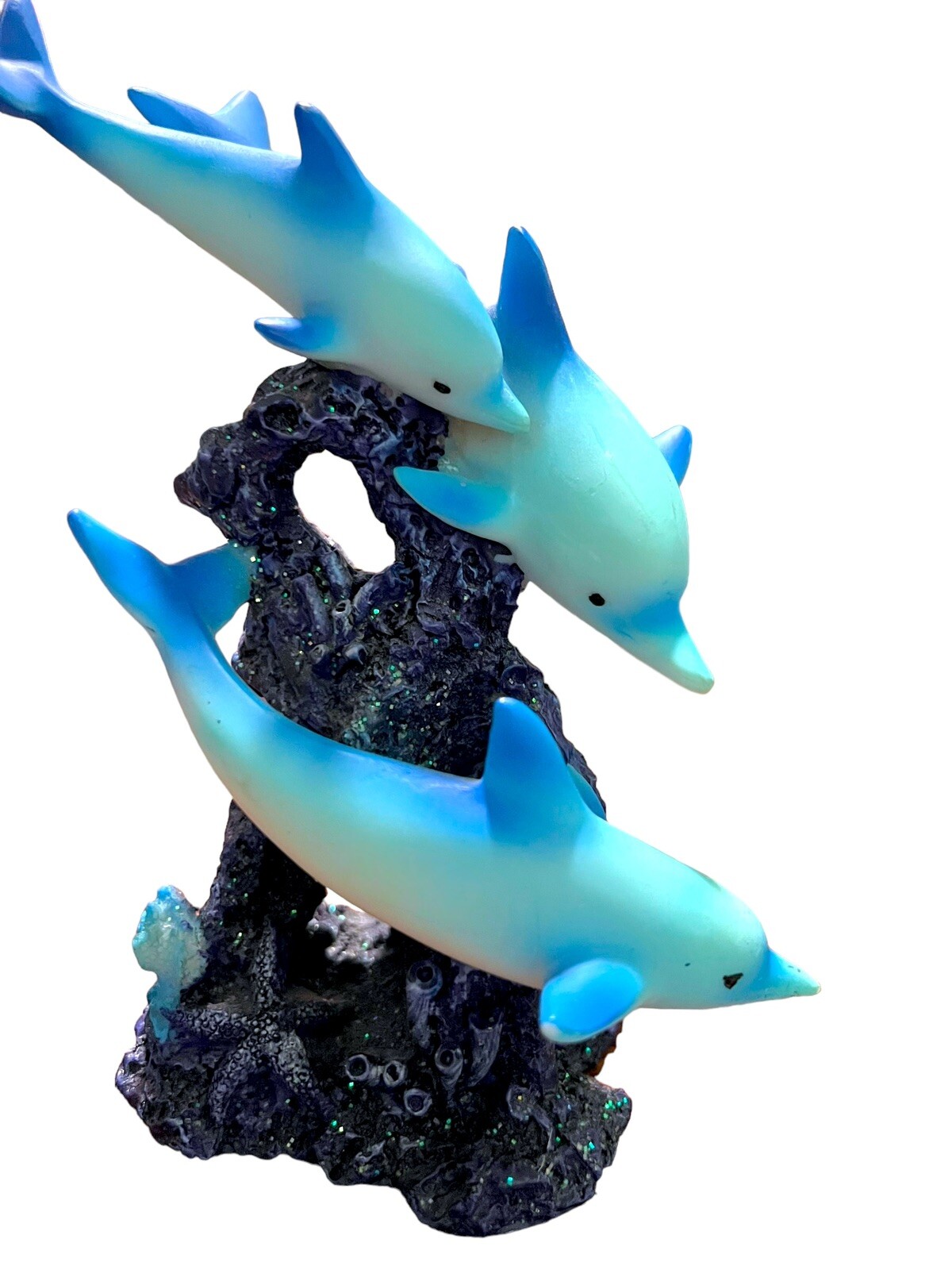 3 Blue Dolphins Swimming Around Coral Statue Sea Life Figurine Room Decor 6 3/8”