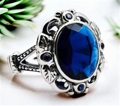 VINTAGE STYLE 3 CT. ROYAL BLUE SIMULATED SAPPHIRE 925 STERLING SILVER RING 1749