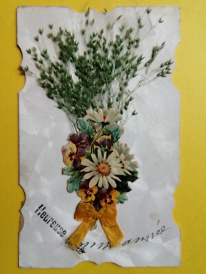 Old postcard pearl fantasy chrome cutouts added ribbon flowers HAPPY NEW YEAR 1913
