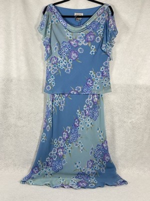 Adrianna Papell 2PC Skirt Set Women s 8 Blue Silk Floral Long Skirt Y2K Fairy