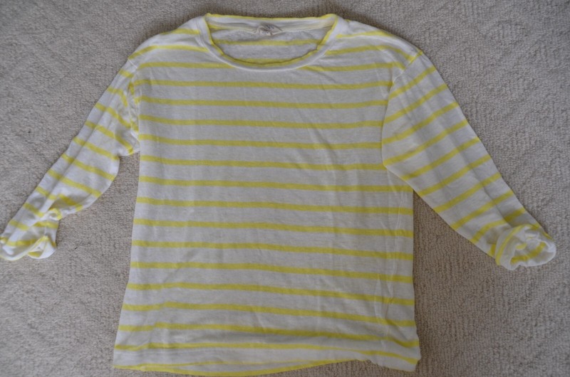 women's XS Lands End Canvas linen yellow white striped 3/4 sleeve shirt top
