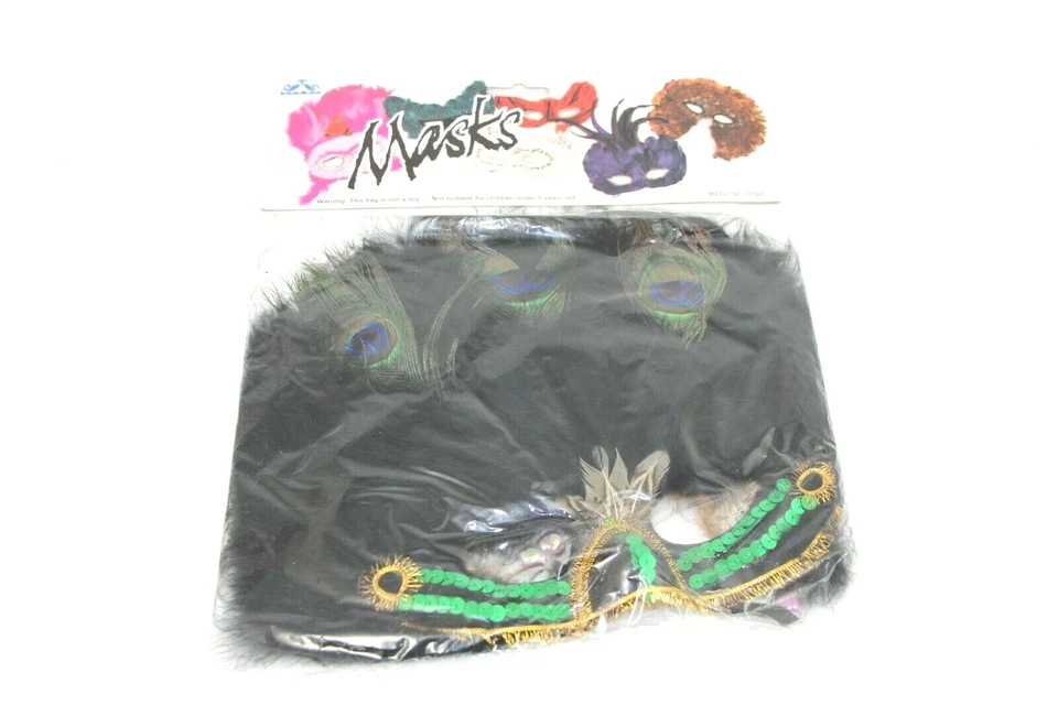 Máscara de pluma de pavo real veneciano Mardis Gras de venta libre negra verde azul fiesta de disfraces Foto 3 de 3