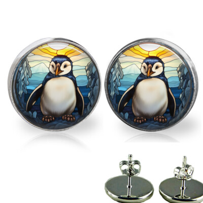 Baby Penguin Faux Stained Glass Art Print Stud Earrings Penguin Lover Jewelry