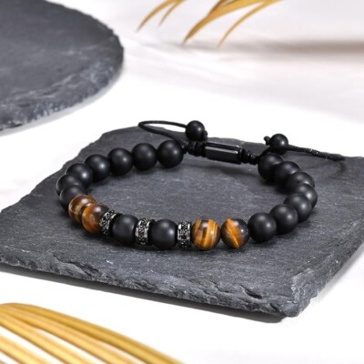 Black Onyx Tiger Eye Crystal Gemstone Beads Braided Bracelet Father's Day Gifts