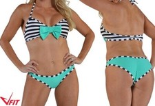 Women s Striped Bow Bikini Set Mint Black/White Cute Swimwear
