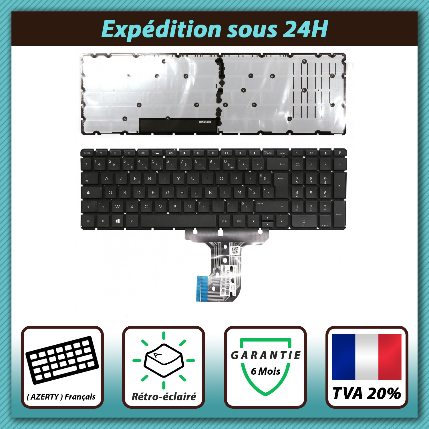 Clavier AZERTY HP Pavilion 256 G5 rétroéclairé 852042-051 noir