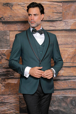 NWT 40R 3PC MENS TUXEDO SUIT HUNTER / BLACK PIPPING SLIM FIT REVERSIBLE VEST