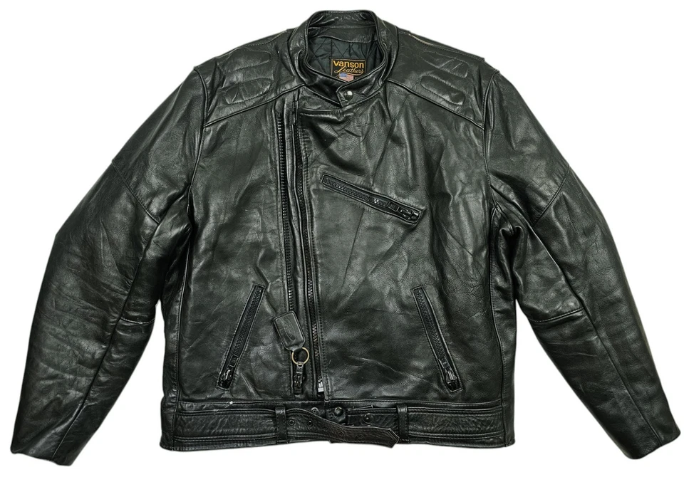 HOT USA Men's VANSON BIKER MOTORCYCLE SLIM BELTED GENUINE LEATHER Jacket 48 L-XL - Image 3 of 4