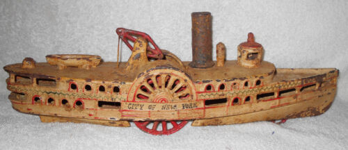 15 in Wilkins Cast Iron City Of New York Riverboat Side Paddle Wheel Steamboat - Picture 1 of 8