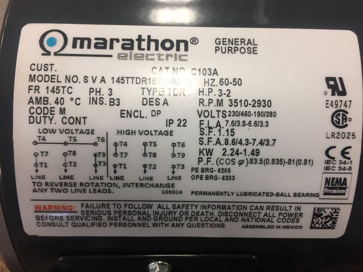 Marathon Electric Motor 3 HP; 3 PH 7/8 shaft | eBay Marathon Electric Motor 3 HP; 3 PH 7/8 shaft | eBay