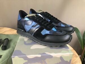 Valentino Garavani Rockrunner Black And Blue Camouflage Sneakers 