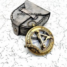 3" Brass Nautical Antique Collectibles Sundial Compass With Leather Case Gift