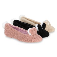 Damen Klassische Ballerinas Kunstpelz Slipper Pom Poms Slip-Ons 819088 Schuhe