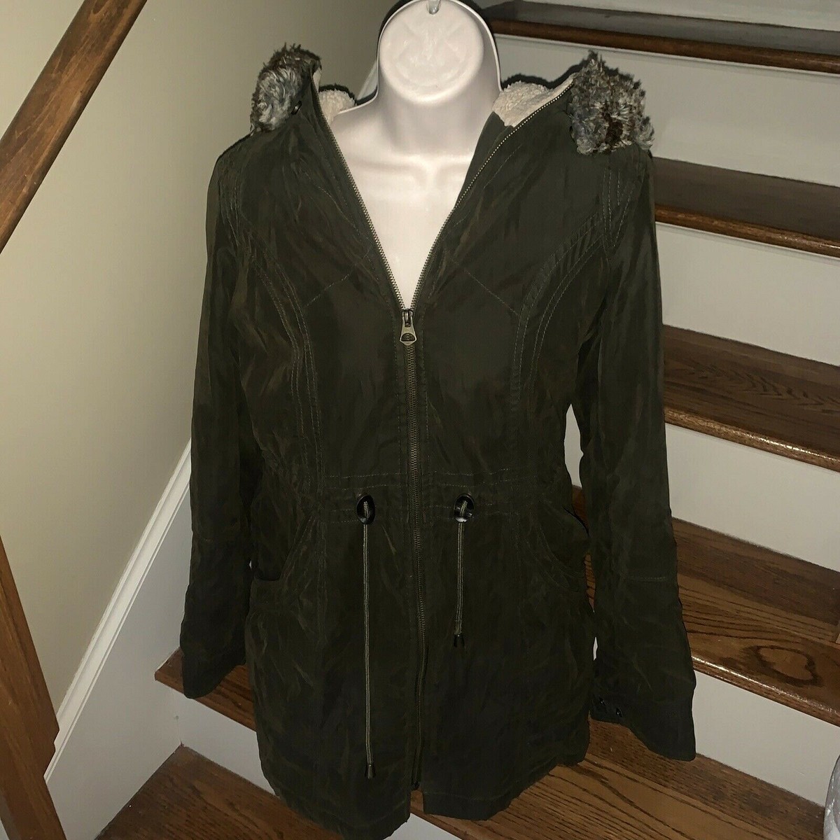 APT 9 Olive Green Faux Fur Trim Hooded Quilted Pea Coat Jacket