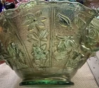 Vintage Green Carnival Pressed Glass Floral Rose Scalloped Round Bowl 7 in