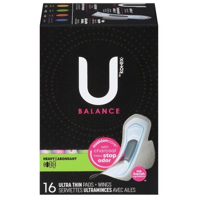 U by Kotex, Balance Heavy Ultra Thin Pads + Wings, 16 Count (2 Pack - 32 Total)