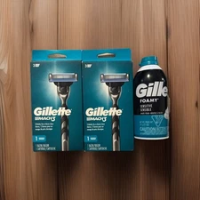 2 Mens Gillette Mach 3 Razor and Cartridge with Sensitive Shaving Cream
