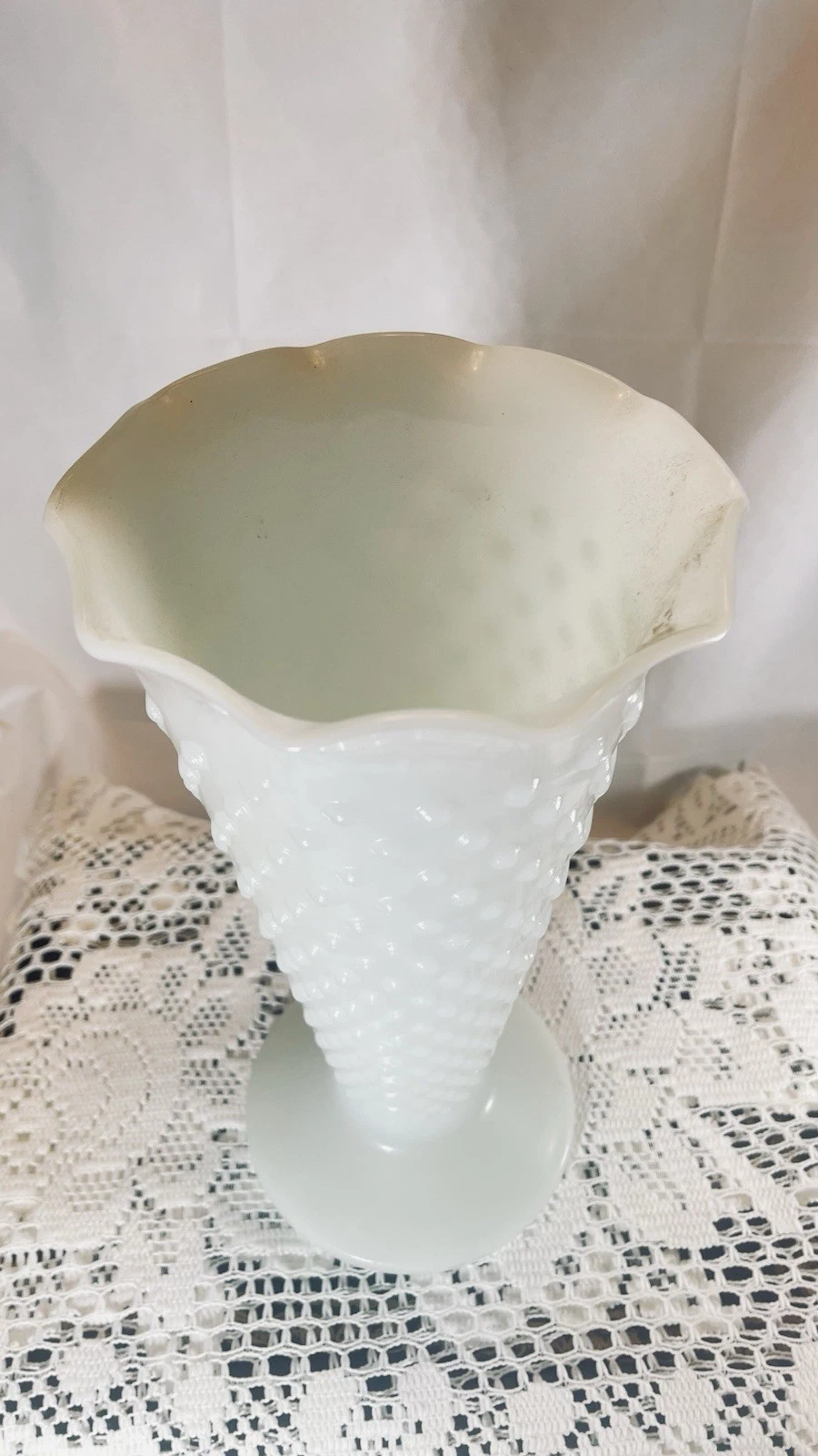 VTG Anchor Hocking Hibnail Milk Glass Farmhouse Trumpet Pedestal Vase.