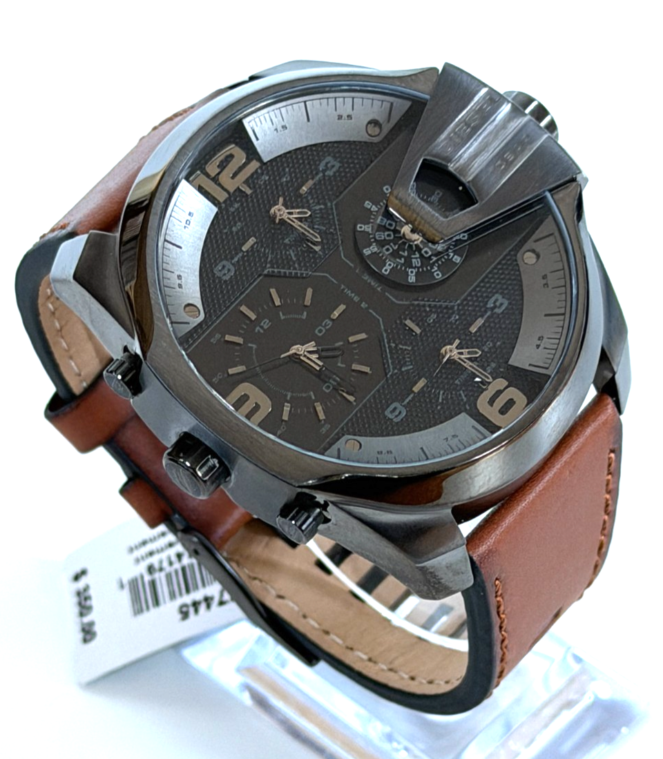 DIESEL DZ7445 Men's Uber Chief Three-Hand Brown Leather Watch BNWT