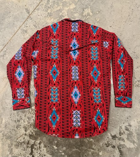 Vintage Wrangler Brushpopper Aztec Print Western Cowboy Button Up Shirt 16/34 - Picture 2 of 7