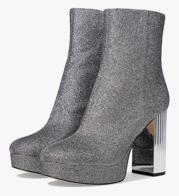 Michael Kors Silver Glitter Platform Ankle Boots Block Heel Zip Women's Size 8.5