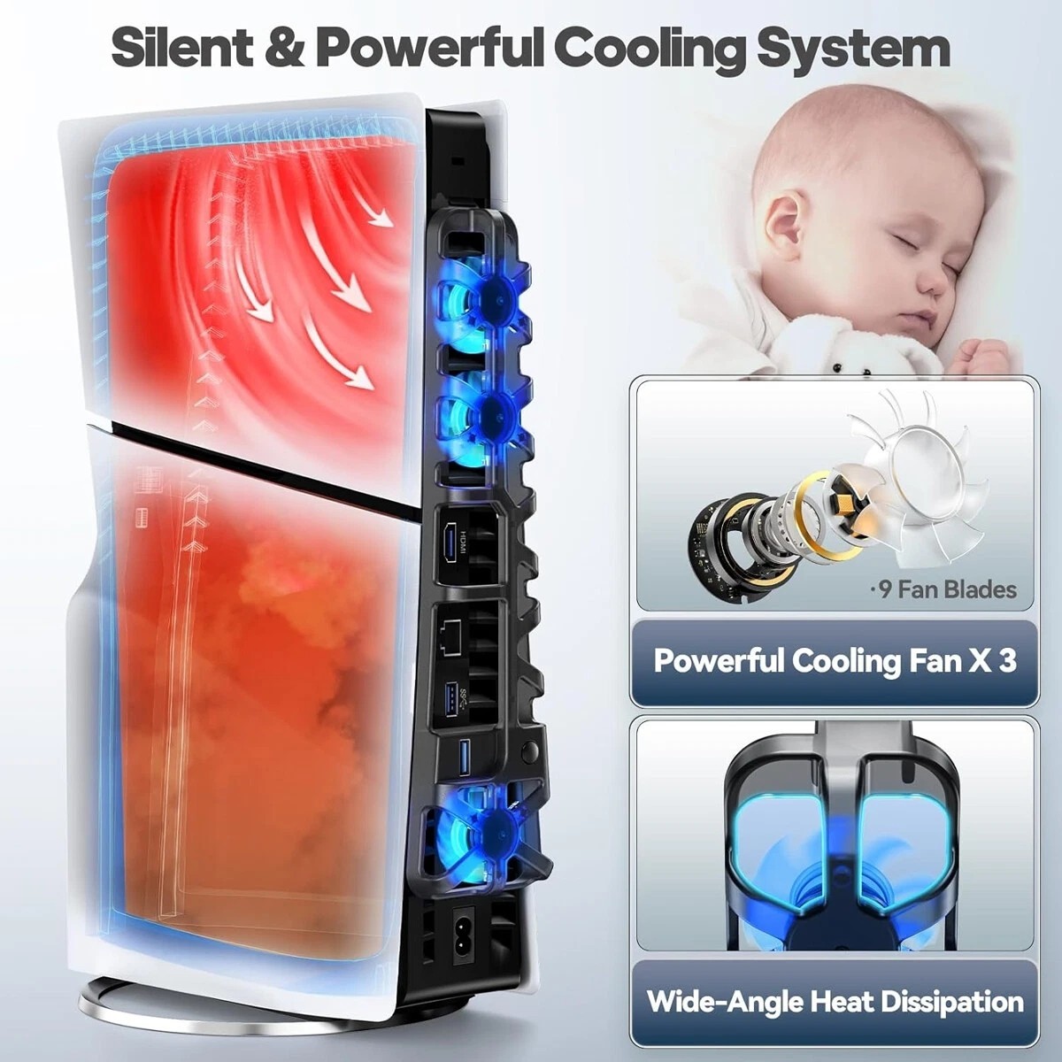 PS5 Slim Cooling Fan For PS5 Slim Disc/Digital Console Cooler Fan LED + USB 3.0