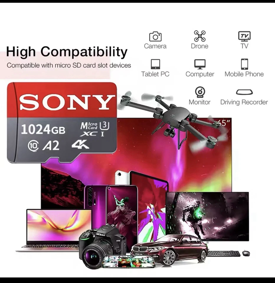 Micro SD Card 1TB SONY Class 10 SDXC U1 UHS-I high speed Memory card & Adapter - Image 2 of 4