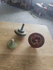  Antique Top Spinner Toy Lot 1- Metal,  2 Wooden . 3 Total 