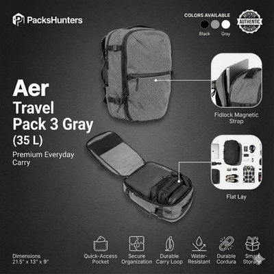 Aer Travel Pack 3 - Gray Backpack Laptop Carry On Bag 35L