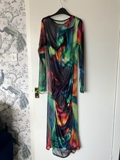 Nasty Gal Neon Mesh Rainbow Dress Bodycon Long Sleeves Size M To L Ruched Rave