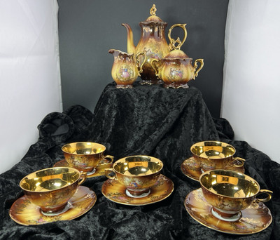 Demitasse Porcelain Espresso Pot Set with 24 Kt Gold and French Romance Scenes