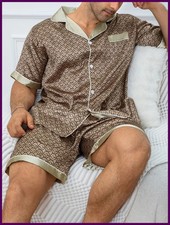 Men's Plaid Print Pajama Set Short Sleeve Lapel Top And Elastic Shorts.