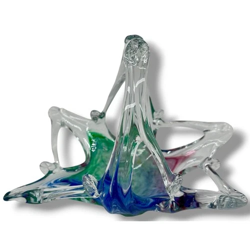 Vintage Murano Style Art Glass Basket Splash Bowl Blue Green Pink Hand Blown 6"