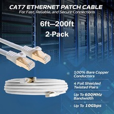 2-Pack CAT7 S/FTP Ethernet Patch Cord 600MHz Network Cable 6FT-200FT White Lot