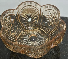 Vintage Carnival Glass Cut Crystal Heavy Bowl Orange Iridescent 8” x 3” MCM