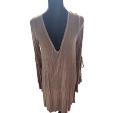 AEO Women’s Large Mauve Velvet Long Sleeve Plunge Neck Backless Tie Dress