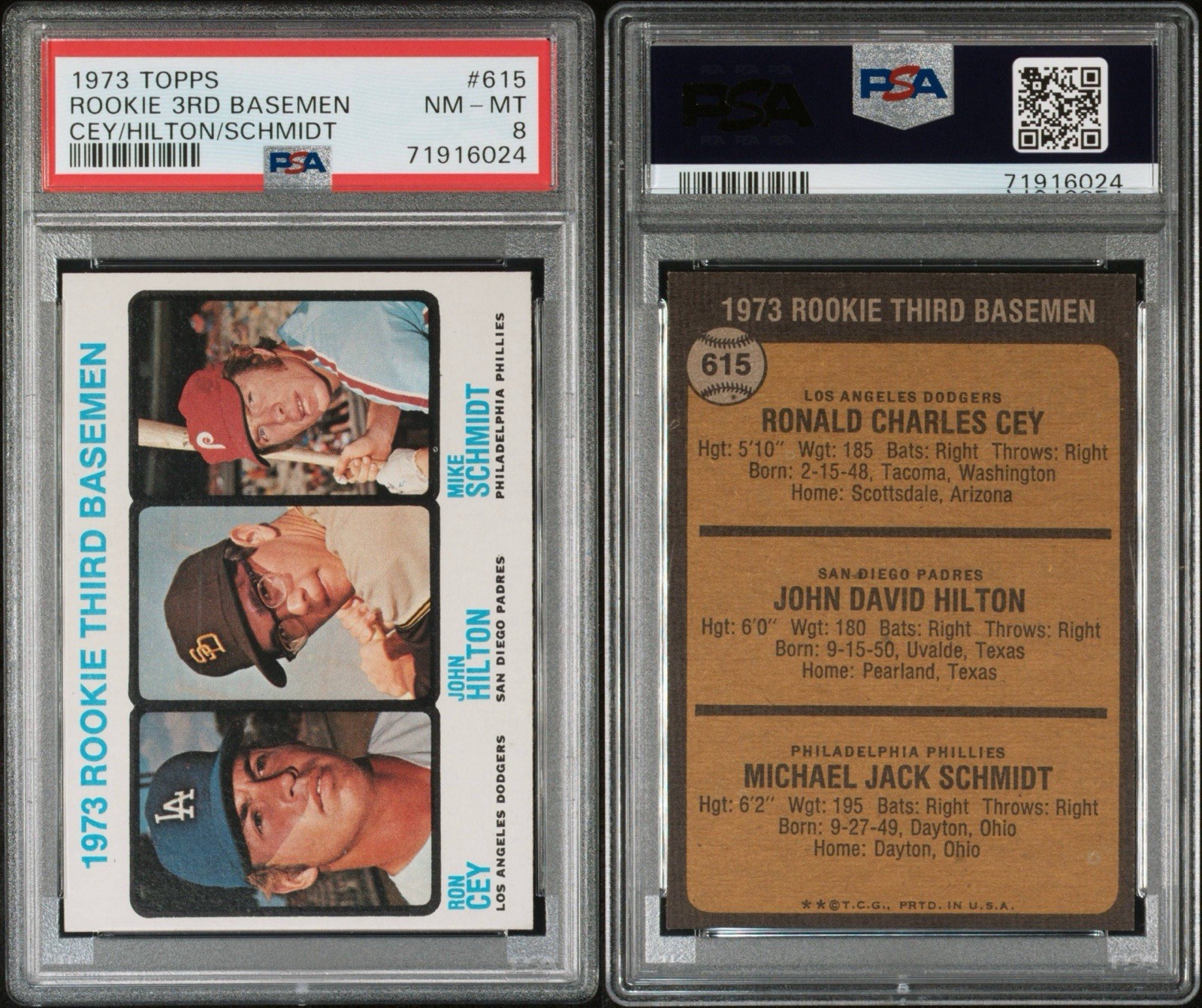 1973 Topps Mike Schmidt, Ron Cey, John Hilton #615 (RC) - PSA 8 “NEW LABEL”