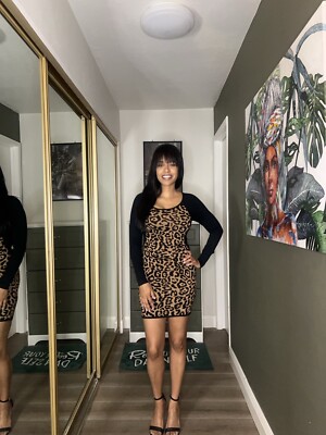 leopard print bodycon mini dress NWOT Guess bandage stretch Sweater sexy black sz S neckline: plunged Stuffing Vs Dressing: What's Material:Smooth calf leather Style with heels and