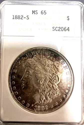 1882-S Morgan Silver Dollar Graded MS65 by ANACS Old Case Nice Toning #C733
