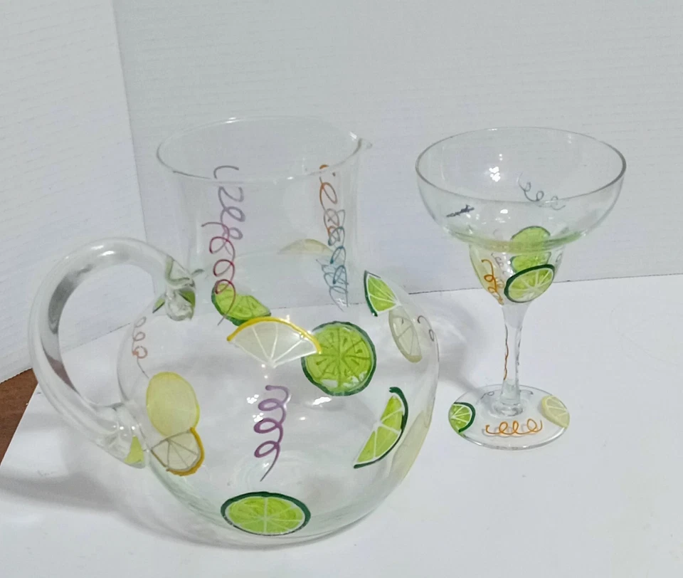 One Margarita Vasos y Jarra a Juego, Pintado a Mano, Limón y Limas, Fiesta Foto 2 de 4