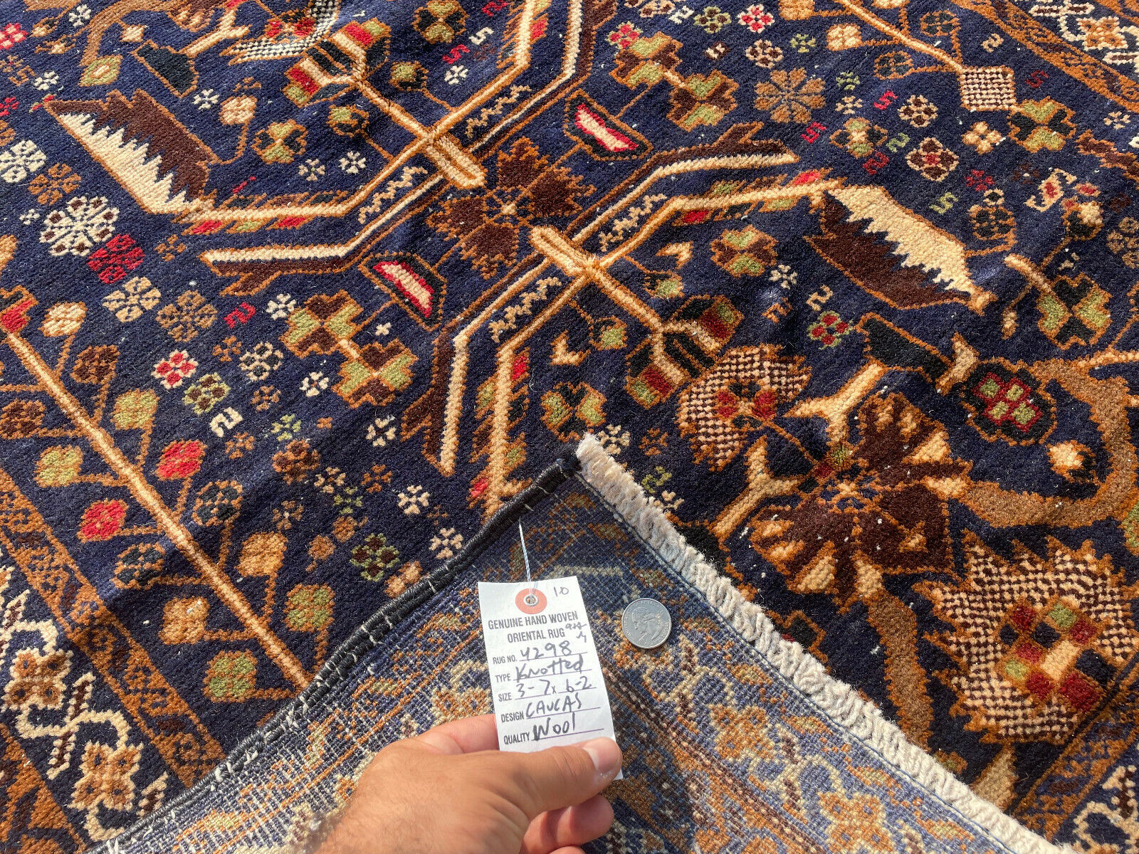 4x6 VINTAGE ORIENTAL RUG HAND-KNOTTED WOOL dark blue antique tribal fine carpet