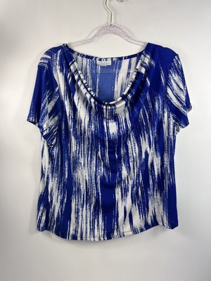 Jaclyn Smith Blouse Women's Sz XL Blue/White Cowl Neckline Short Sleeve