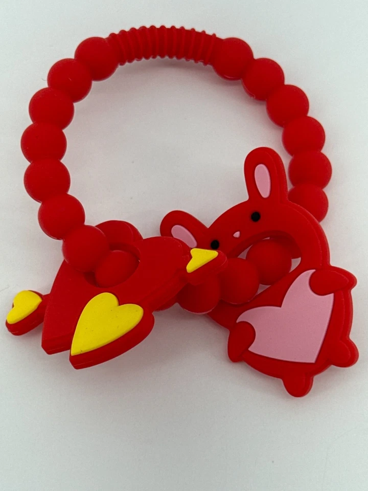 Silicone Baby Teething Toys Red Heart Bunny Ring Chew Rattle BPA-Free Soft - Image 3 of 4