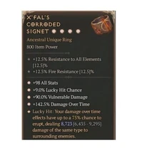 Diablo 4 S10 X'Fal's Corroded Signet 4GA Unique Ring Sorcerer Gear Equipment